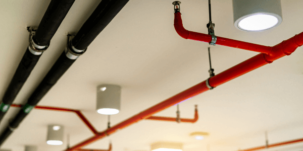 fire suppression system with red pipes hanging from ceiling inside building