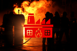 Silhouetted firefighters work to contain a large industrial manufacturing plant fire, with flames rising in the background and a bold red icon of a factory with a fire symbol overlayed in the foreground