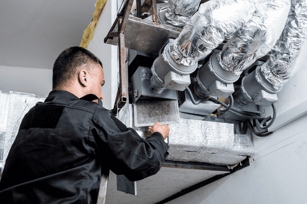 man checking air filter for mold in hvac system