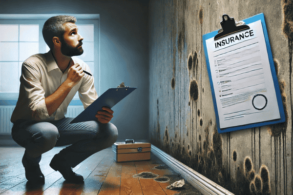 man inspecting moldy wall with clipboard for mold insurance claim